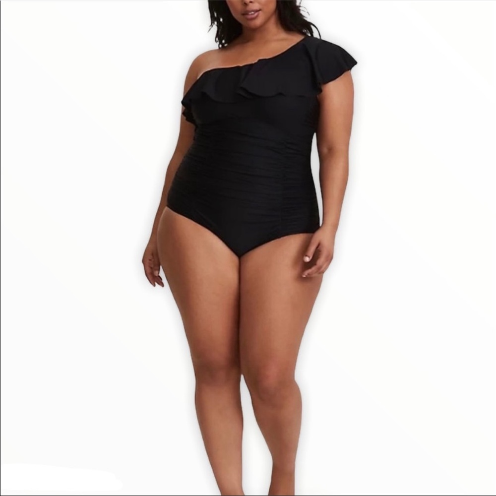 Torrid Black Single Shoulder Ruffle Rouched Swim